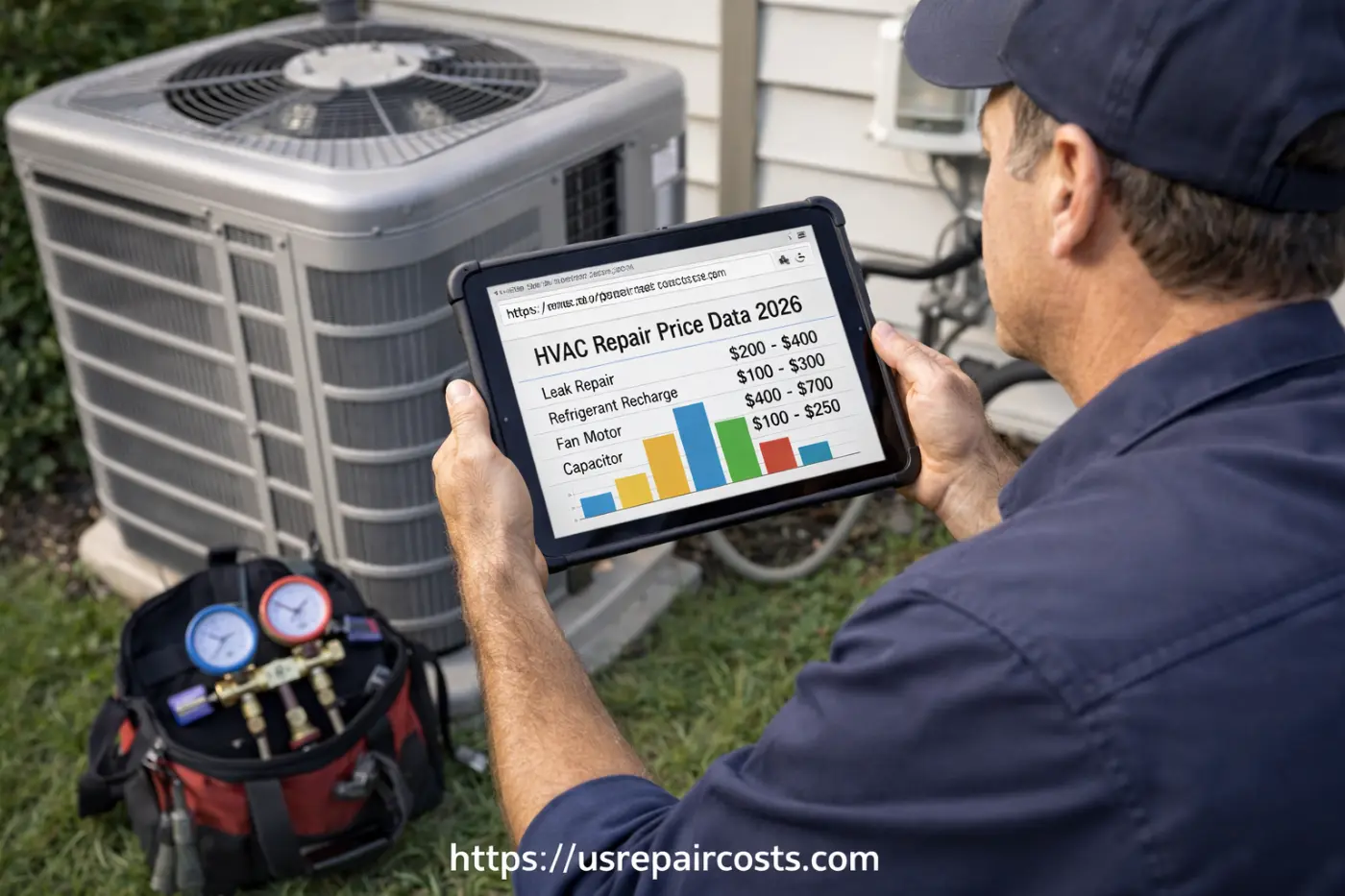An HVAC technician checking repair price data on a tablet displaying usrepaircosts.com while servicing an outdoor AC unit.
