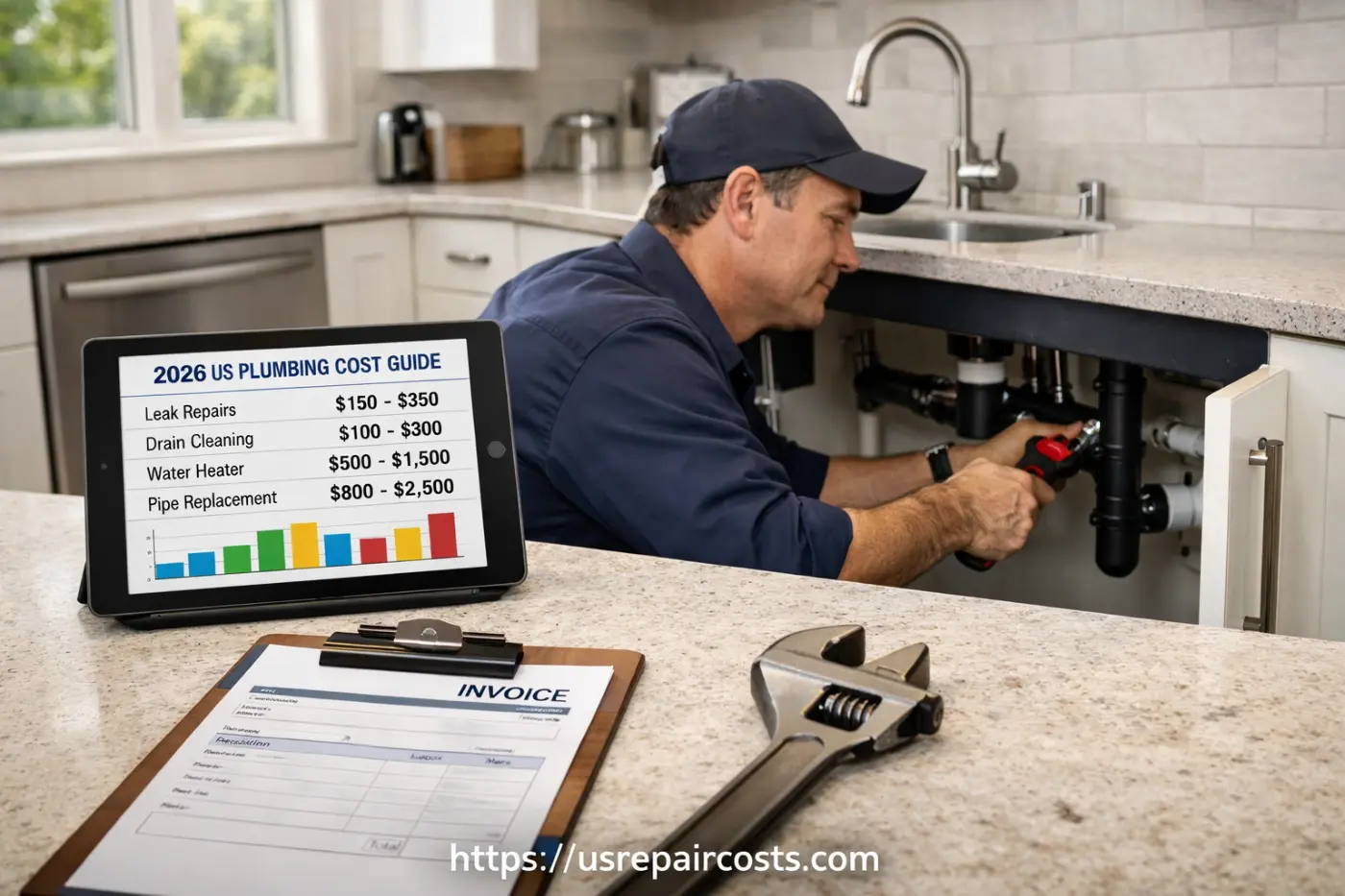 A licensed plumber fixing pipes under a kitchen sink, next to a tablet displaying a 2026 average plumbing repair cost chart for US homeowners.